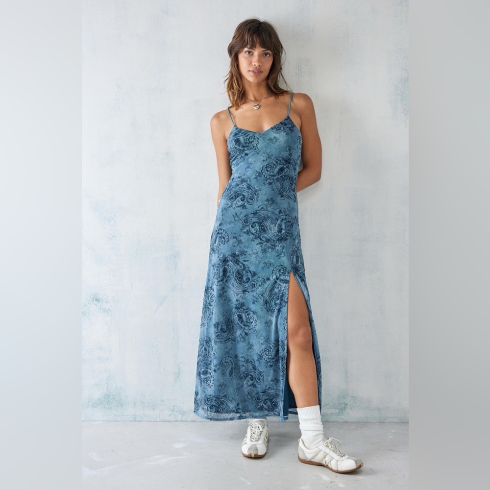 UO Blue Mesh Paisley Print Maxi Dress